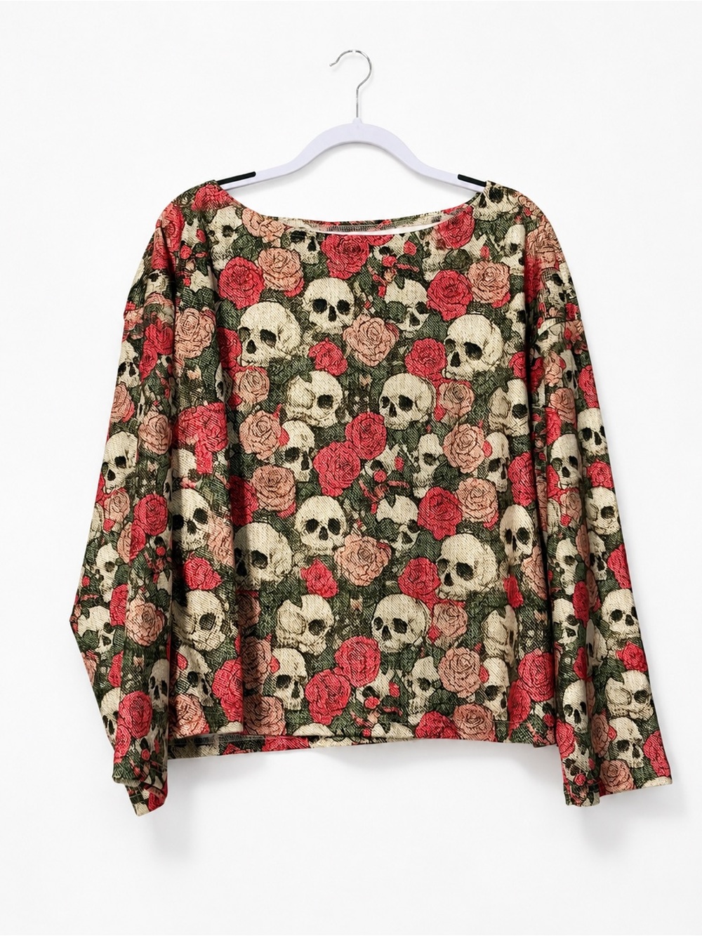 Skull & Rose Long Sleeve Tee - Red, Cream & Green